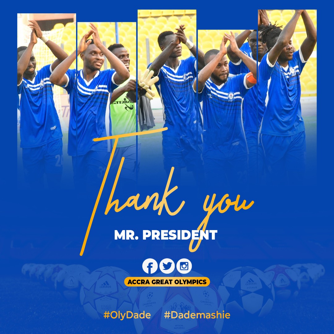 SirPower9's tweet photo. @AccraGtOlympics Says thank you to @NAkufoAddo for the chance to play football again. 

They have also sent a message to the Premier League clubs that they are #Back2Action https://t.co/ZRVWRejpCh