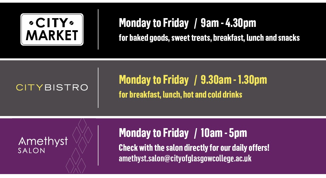 If you are on campus at City don't forget to visit our outlets for great quality products and services.   Open now with new measures in place to ensure the safety of staff, students and customers.
