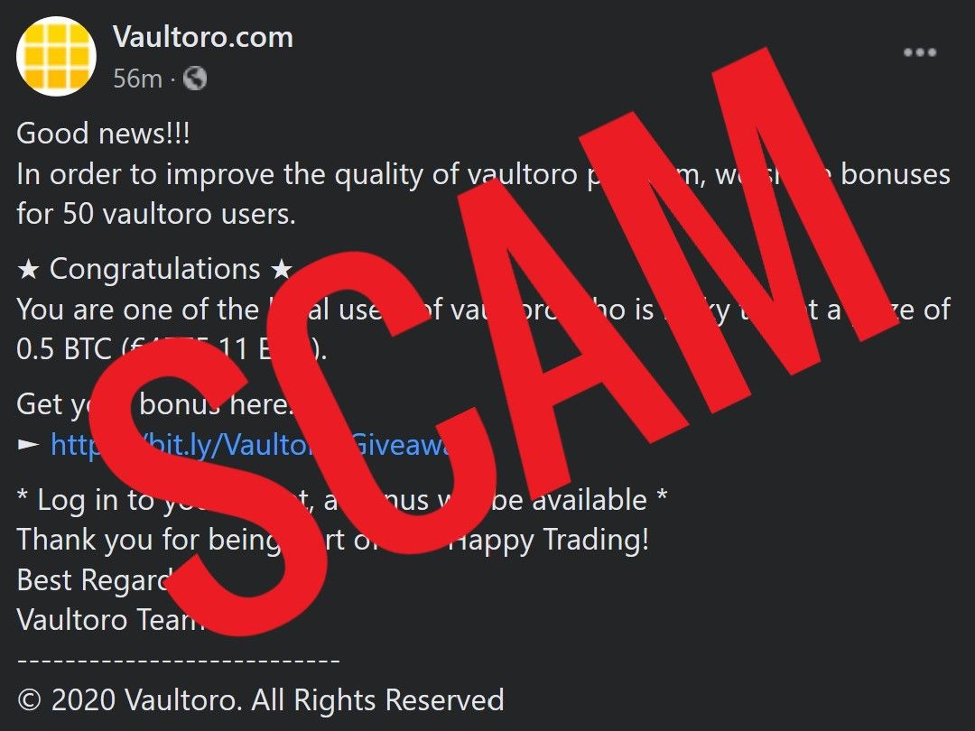 Bar9com's tweet image. There is a fake @Vaultoro facebook page offering 50 users 0.5 BTC to click on a link This is a SCAM and not from us. We will never ask you to click on links that are not buff.ly/3763JUI and never ask for your account information in a google form. Please stay safe.