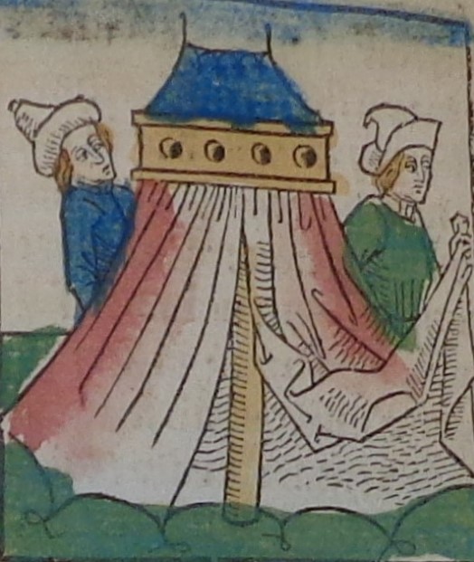 Medieval camping tip: wander off away from the tent and pretend to be busy doing something while the other person does all the hard work. (A 1475 depiction of Israelite camp on exodus from Egypt in the Bible. Medieval woodcut in WCL Inc. 13).