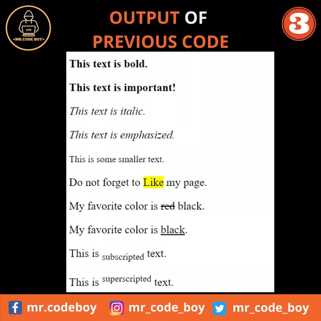 mr_code_boy's tweet image. HTML Part - 5 (Formatting Elements)

Like, Share, and Follow for more technical stuff.

YouTube - bit.ly/mrcodeboy
Facebook - facebook.com/mr.codeboy/
Instagram - instagram.com/mr_code_boy/
Twitter - 

#html #htmlDeveloper #css #javascript #coding
