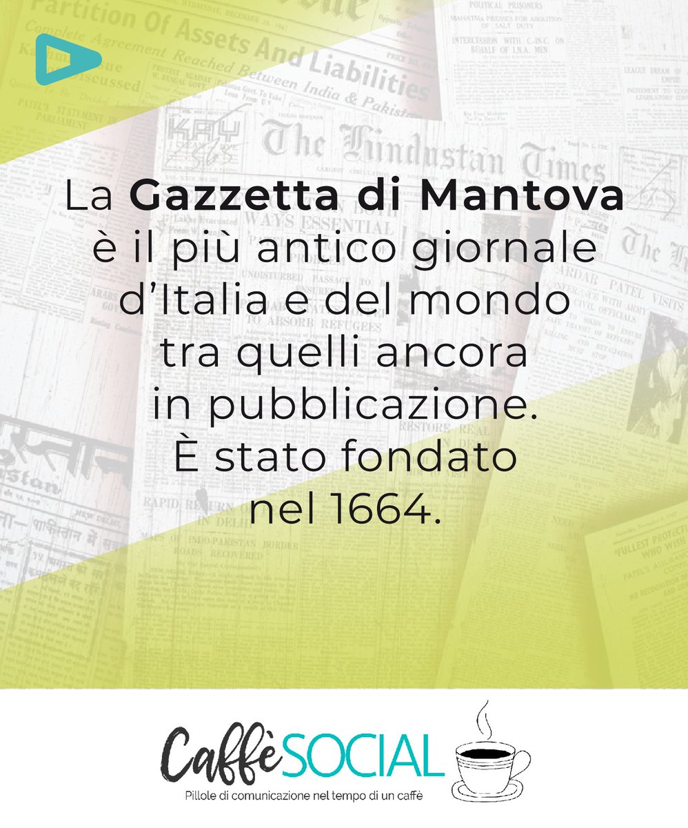 ComeOnPressPlay's tweet photo. 📌 Forse non tutti sanno che il giornale più antico del mondo ancora oggi presente nelle edicole è La Gazzetta di Mantova. Fu fondato nel 1664!
#caffesocial ☕️ https://t.co/eGEKtKHOpB