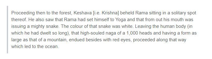 ...had magically grown into that Eraka grass. In any case, using the weapons furnished by the grass, the Yadavas soon annihilated each other. Then Krishna's brother Balarama started engaging in meditation and soon gave up his body, turning back into Vishnu's serpent Adiseshan: