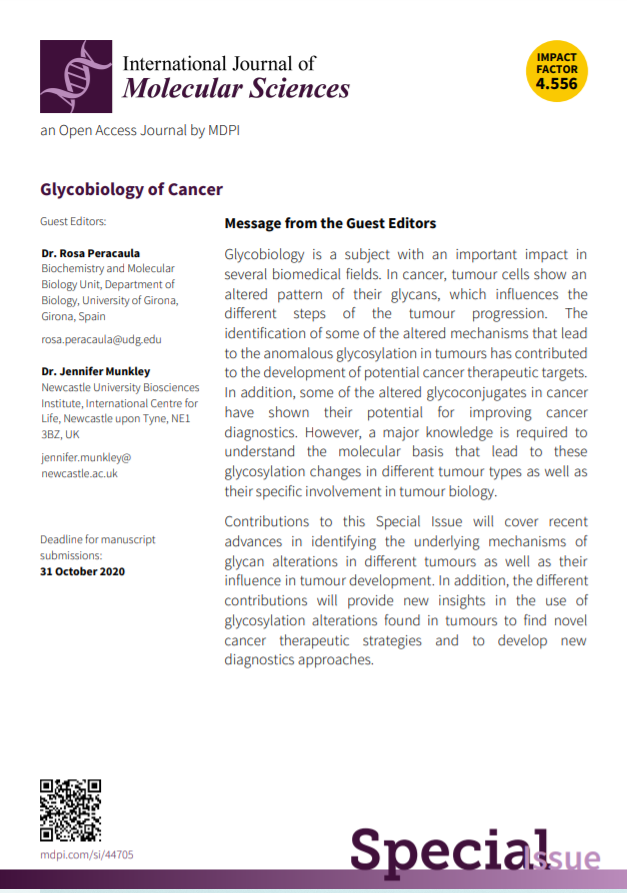 MunkleyLab's tweet photo. Dr Rosa Peracaula &amp; I are guest editing a Special Issue 'Glycobiology of Cancer' in IJMS. Please get in touch if you are interested in contributing
https://t.co/0Nkhb6MZTB @IJMS_MDPI #glycotime https://t.co/8PfuVJz0M6