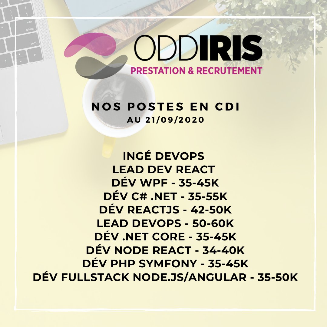 oddiris's tweet photo. Bonjour à tous 😄 
C'est l'heure de vous partager nos offres de la semaine 🎉 
Nos postes sont à pourvoir en CDI sur Montpellier, n'hésitez pas à nous envoyer votre candidature à l'adresse suivante : recrutement@oddiris.com

#recrutement #montpellier #lesoffresdelasemaine https://t.co/iMCXLZ1Wg6