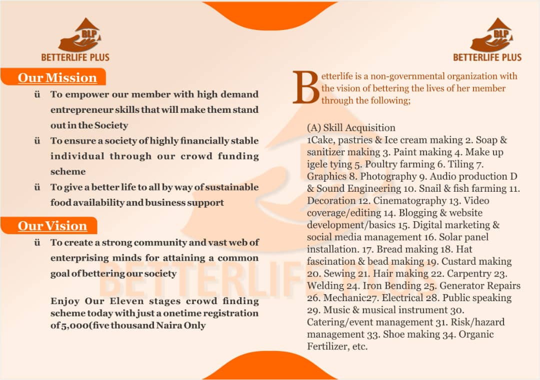betterlifeplus_'s tweet photo. @betterlifeplus_ is an NGO that offers free skills acquisition training, food, passive income, soft loan and business grants to her members.

Visited our website https://t.co/8oxvKVbnog join or our WhatsApp group tru the link
👇👇👇👇👇👇👇👇

https://t.co/K6ofTko4JW
#EndSARS https://t.co/twbYurLgMW