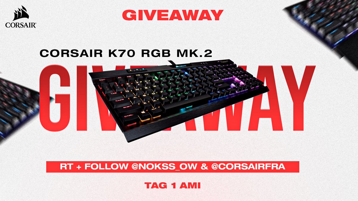 NokSsito 🇮🇹 (@nokss_ow) on Twitter photo Hello les potes !
Nouveau concours avec mon partenaire <a href="/CORSAIRFRA/">CORSAIR France</a> 👀🥰
Cette fois on vous fait gagner un CORSAIR K70 RGB MK.2 !
Pour participer c’est super simple :
- FOLLOW <a href="/CORSAIRFRA/">CORSAIR France</a> & <a href="/NokSs_OW/">NokSsito 🇮🇹</a>
- RT ce post
- TAS : 26/09
GL les potes ❤️ #Giveaway #Concours Hello les potes !
Nouveau concours avec mon partenaire <a href="/CORSAIRFRA/">CORSAIR France</a> 👀🥰
Cette fois on vous fait gagner un CORSAIR K70 RGB MK.2 !
Pour participer c’est super simple :
- FOLLOW <a href="/CORSAIRFRA/">CORSAIR France</a> & <a href="/NokSs_OW/">NokSsito 🇮🇹</a>
- RT ce post
- TAS : 26/09
GL les potes ❤️ #Giveaway #Concours