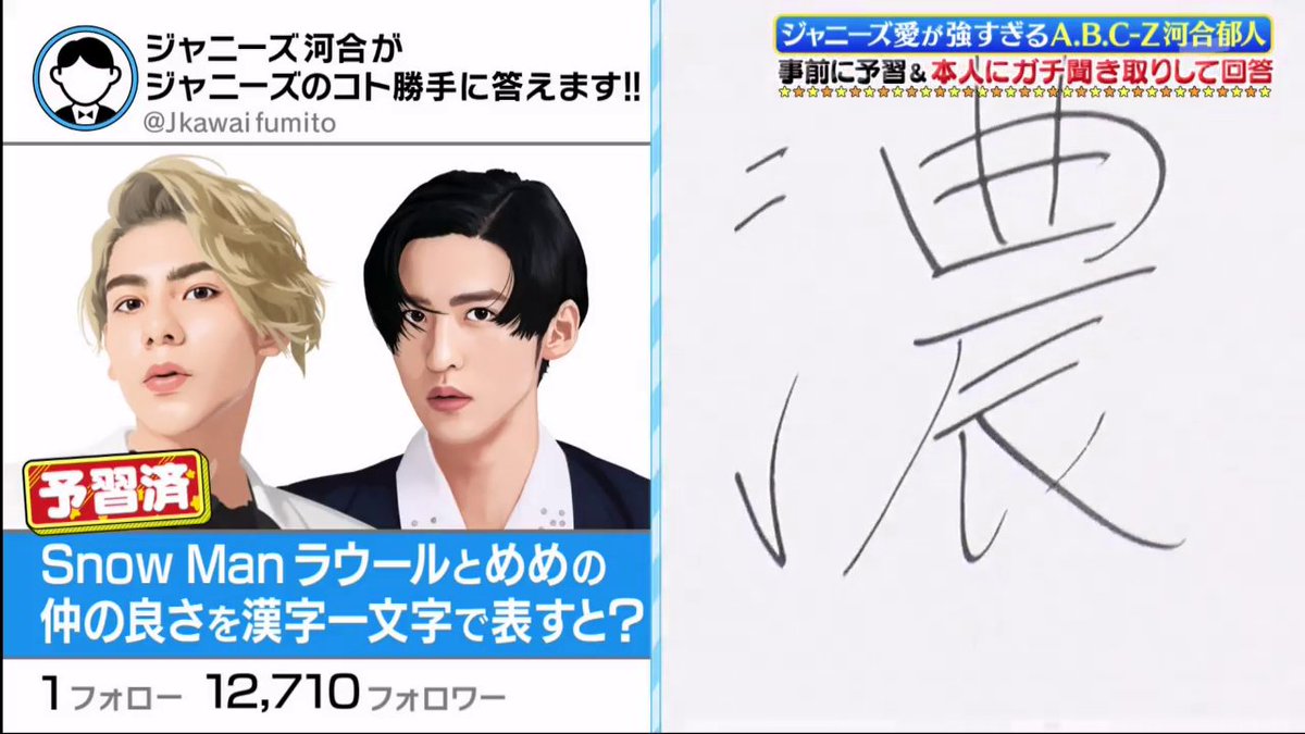 Q6. What does Fukazawa eats for breakfast?Kawai: Rice!Q7. What's a Kanji you'd use to describe the chumminess between Meme and Raul?Kawai: 濃厚の「濃」[dense/strong. Can also mean hot/passionate]. I hope their relationship further deepens, till where it's still permissible