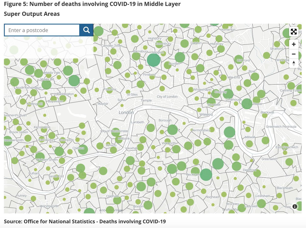 5/ MSOAs (& occasionally LSOAs) are also used outside of census years for reporting "small area” statistical data. Eg. my colleague  @fryford created these maps at MSOA level for recent  @ONS datasets on deprivation  https://fryford.github.io/imdmap/  &  #Covid19 deaths  https://www.ons.gov.uk/peoplepopulationandcommunity/birthsdeathsandmarriages/deaths/bulletins/deathsinvolvingcovid19bylocalareasanddeprivation/deathsoccurringbetween1marchand17april#middle-layer-super-output-areas