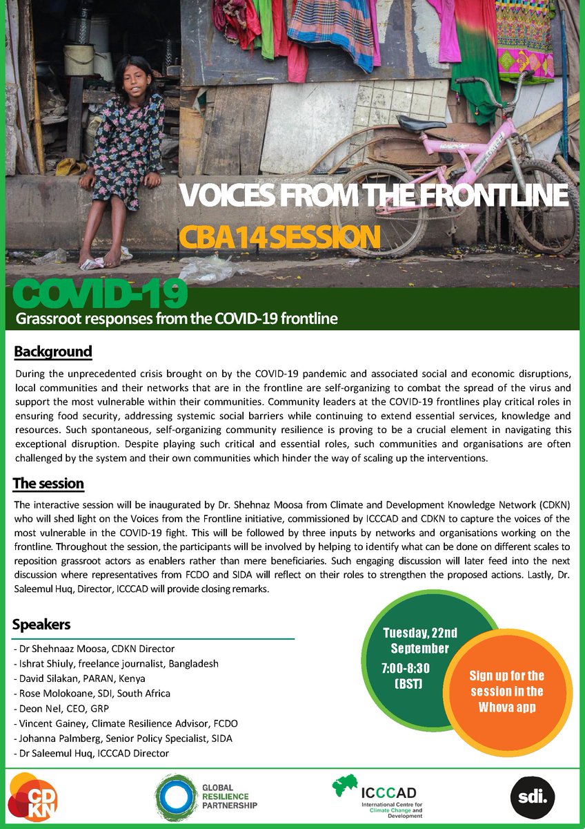 cdknetwork's tweet photo. Looking forward to our #CBA14 session tomorrow on "Grassroots responses from the COVID-19 frontline" with @ICCCAD @grp_resilience and @sdinet
#communityadaptation #covid19 #climatechange https://t.co/Y3GUgRwktC