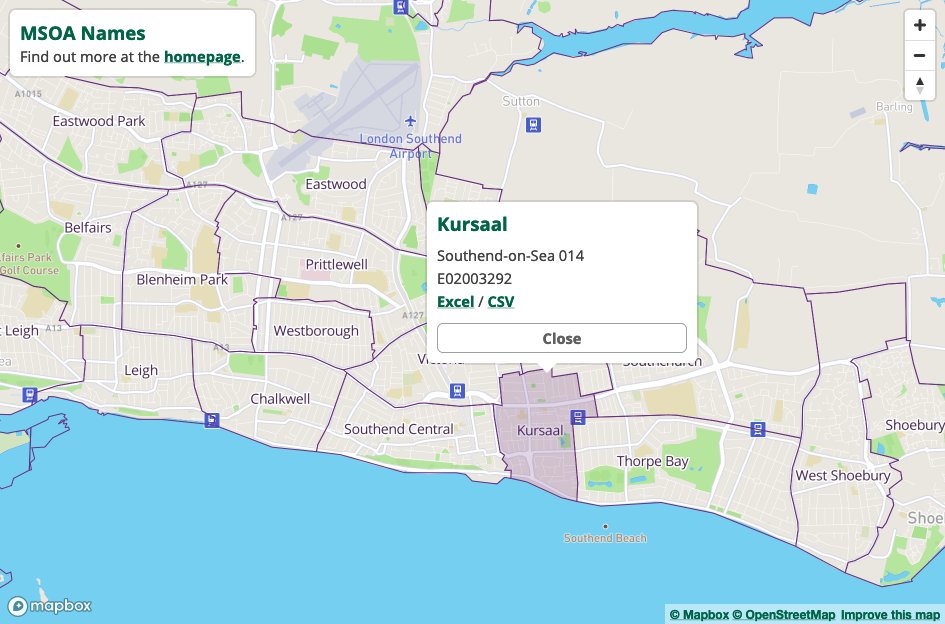 6/ The  @commonslibrary helpfully put together a set of more recognisable (unofficial) names for MSOAs, based on the neighbourhoods, wards or parishes that they cover, to help make them a bit easier to make sense of. "Southend-on-Sea 014" becomes "Kursal"  https://visual.parliament.uk/msoanames 