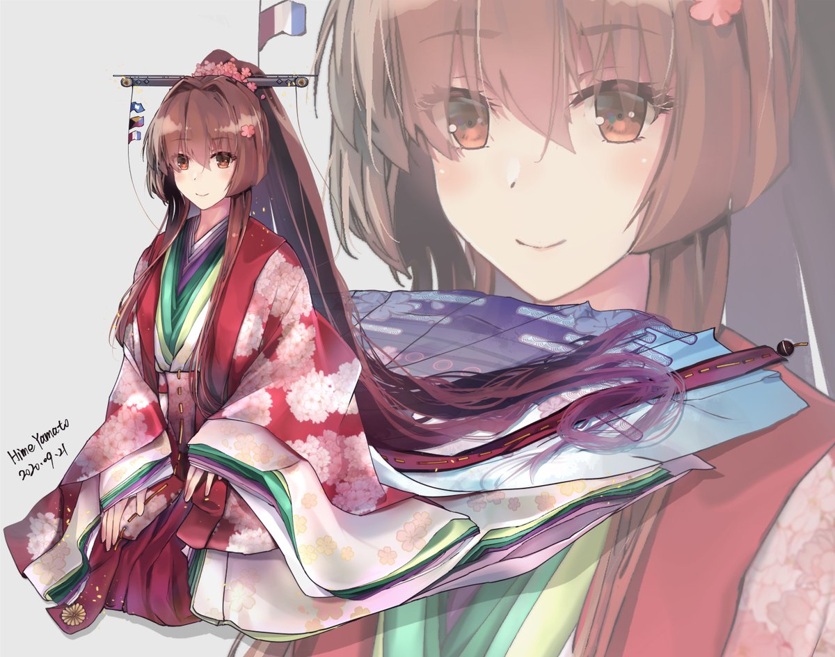 yamato (kancolle) 1girl japanese clothes long hair brown hair kimono zoom layer hair ornament  illustration images
