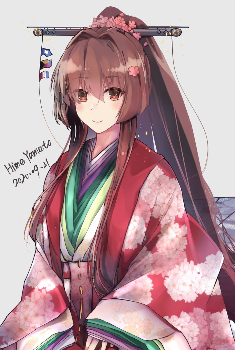 yamato (kancolle) 1girl japanese clothes long hair brown hair kimono zoom layer hair ornament  illustration images