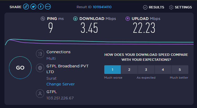 thewecken's tweet photo. @CareGtpl @GTPL_Hathway 
Thanks for throttling the bandwidth from 40Mbps to 3Mbps https://t.co/AZxqOnxTst