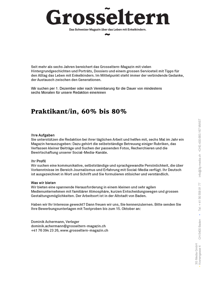 Wir haben per 1.1.2021 eine offene Praktikumsstelle auf der Redaktion.