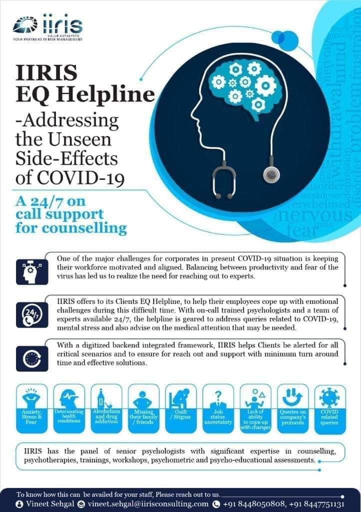 IIRISConsulting's tweet photo. IIRIS EQ Helpline, helps employees cope up with emotional and personal challenges. With on call trained psychologists &amp; team of experts available 24/7, it is geared to address queries related to Covid, mental stress &amp; also advise on the medical attention that may be needed. https://t.co/QS04bb3r3P