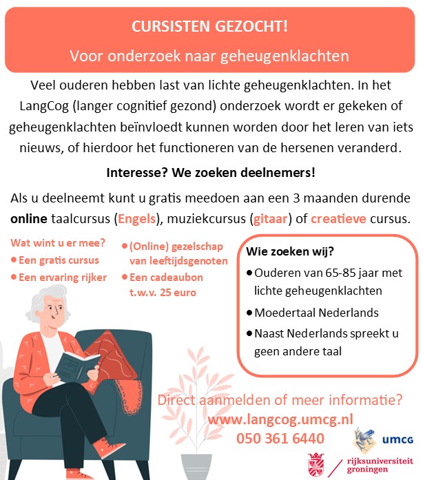 Op #wereldalzheimerdag zijn we op zoek naar ouderen met lichte geheugenklachten voor ons onderzoek het fit en flexibel houden van het brein. Laatste kans (t/m oktober) om u aan te melden voor een gratis (online) cursus! <a href="/researchumcg/">Research UMCG</a> <a href="/umcg/">UMCG</a> <a href="/univgroningen/">University of Groningen</a> <a href="/BALAB_RUG/">BALAB Groningen</a>  <a href="/YAGroningen/">Young Academy Groningen</a>