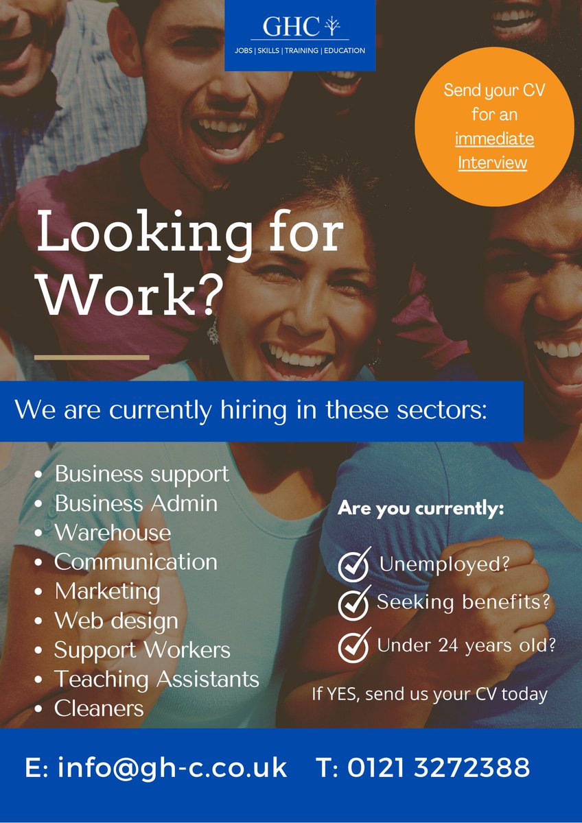 GHC are currently looking for unemployed individuals between the ages of 16-24 years old, who are seeking benefits (universal credit) and are local to Birmingham.

If this is you, please send us a message now. 

#jobseekers #JobSearch #Hiring #Birmingham #jobopening  #Employment