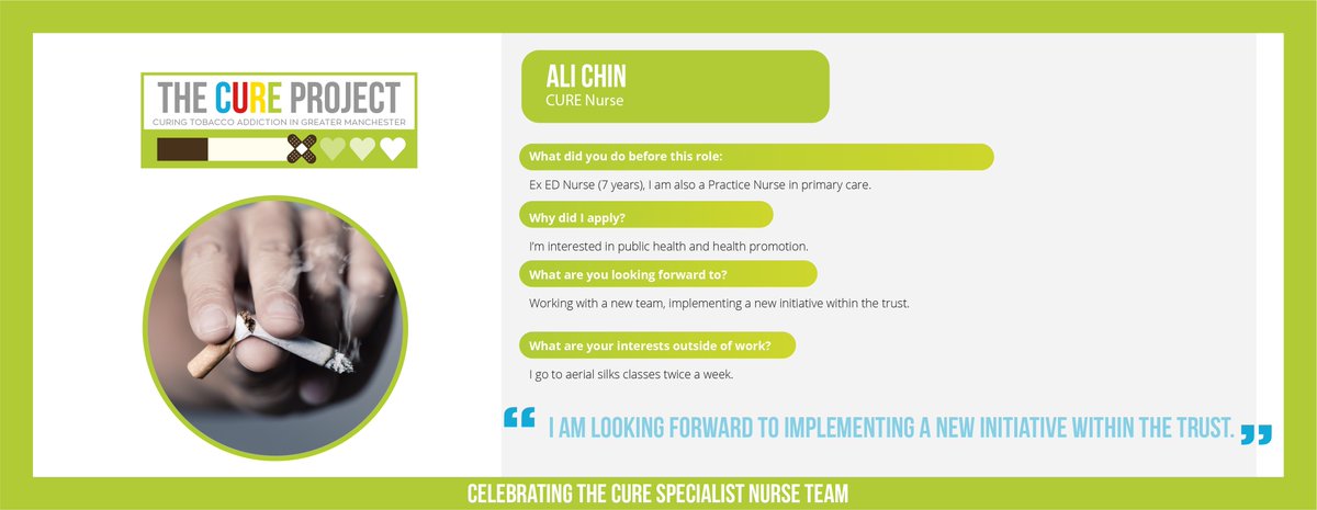 We launched <a href="/StockportNHS/">Stockport NHS FT</a> last week ⭐👍 with a brilliant team delivering the service by assessing and treating all patients admitted who smoke.
Meet Ali Chin who joined recently as a CURE Specialist Nurse - Welcome 😀👋 <a href="/GM_Cancer/">Greater Manchester Cancer Alliance</a> @HistoryMakersGM