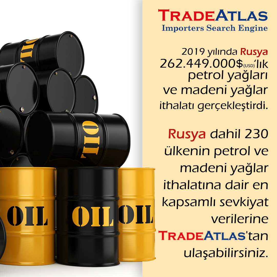 2019 yılında Rusya 262.449.000 $ (Usd) 'lık petrol yağları ve madeni yağlar ithalatı gerçekleştirdi. #Rusya dahil 230 ülkenin petrol ve madeni yağlar ithalatına dair en kapsamlı #sevkiyat verilerine Trade Atlas'tan ulaşabilirsiniz.
#türkiyeihracatlayükseliyor #tradeatlas #buyers