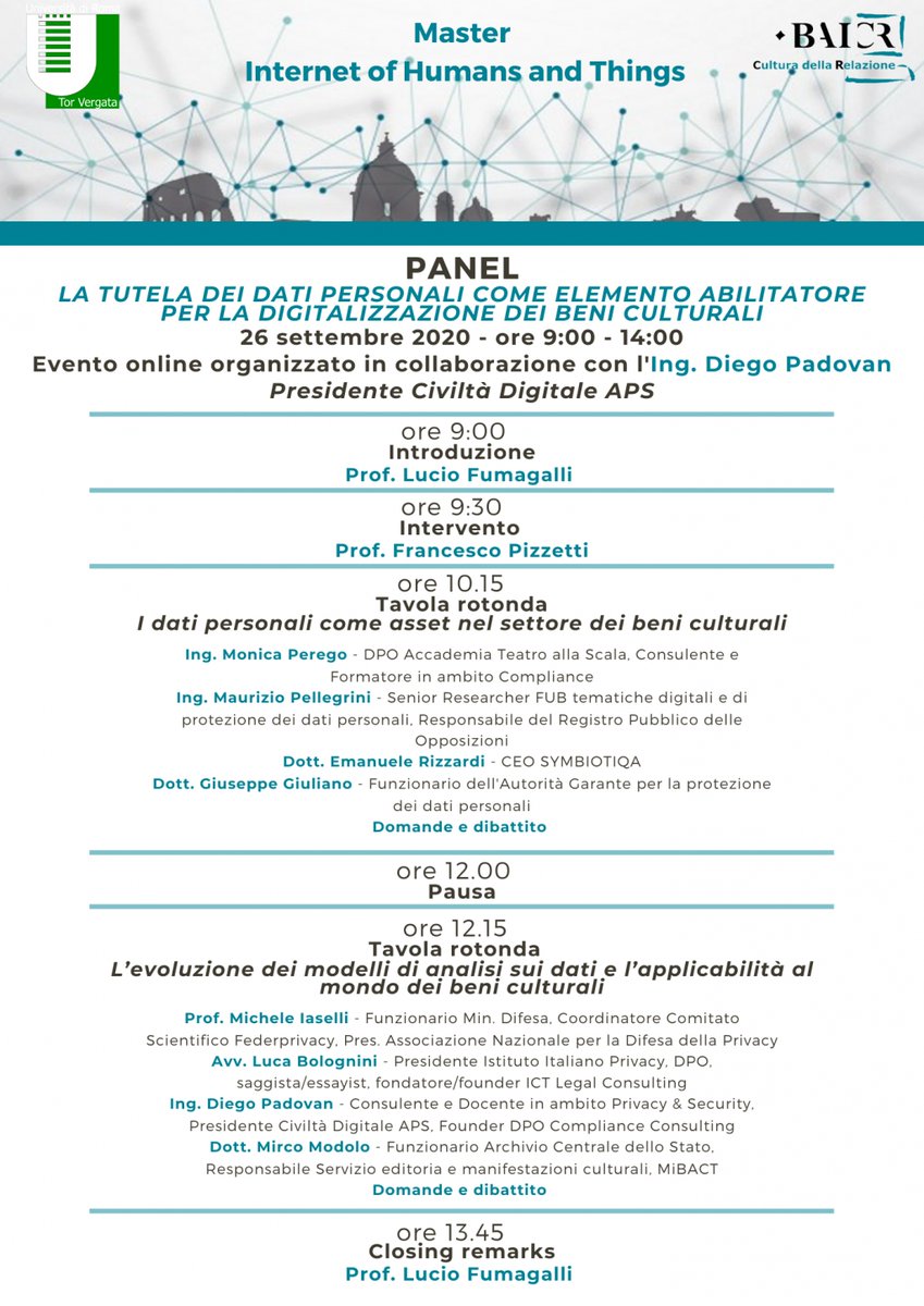 BaicrCultura's tweet photo. Il Master in #InternetofHumansandThings organizza il Panel "La tutela dei #dati personali come elemento abilitatore per la #digitalizzazione dei #beniculturali" che si terrà #online il 26/09 dalle 9:00 alle 14:00.
📩 Per info: iot@baicr.it
@unitorvergata @Diego_DPO_CC https://t.co/z5OaWfFVN3