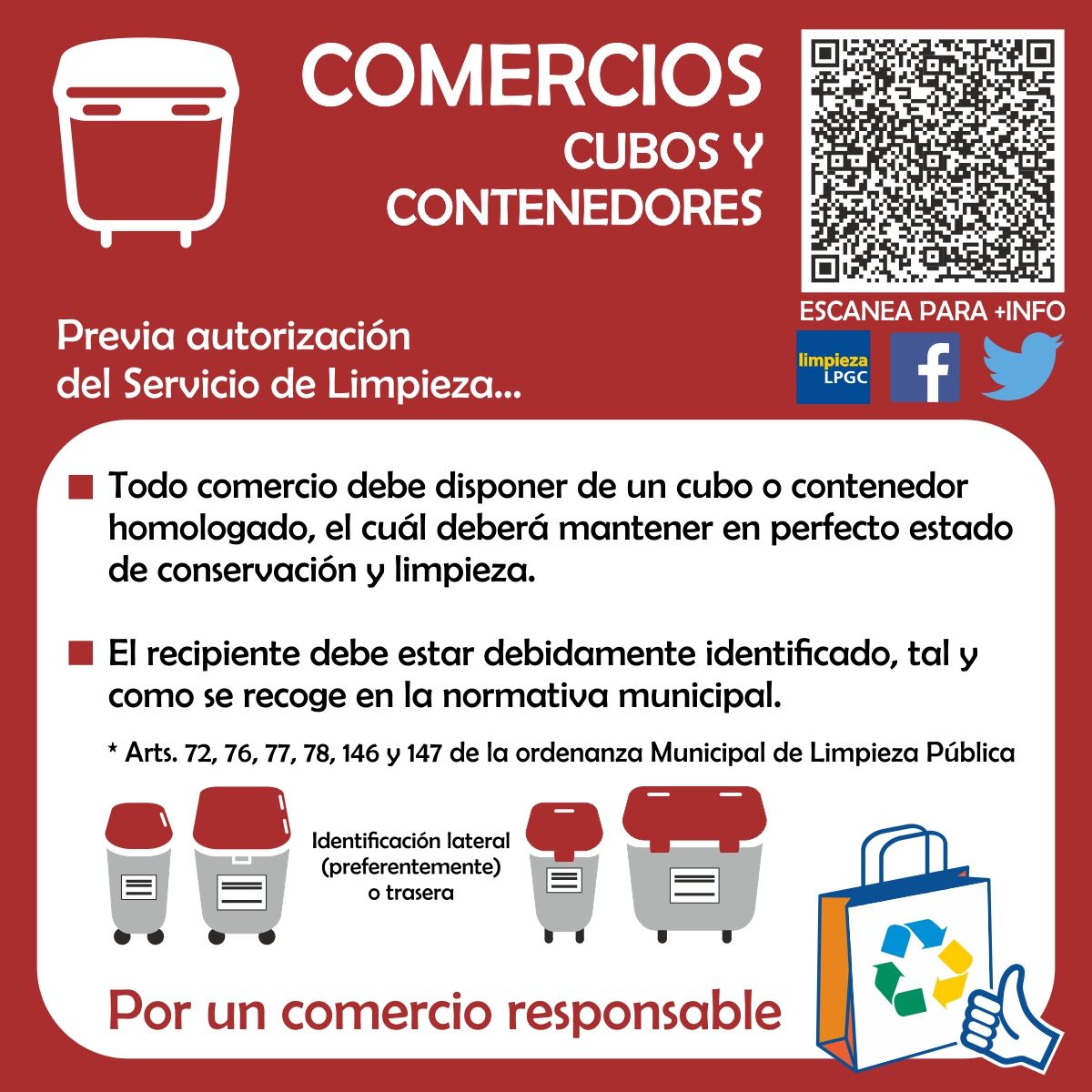 LimpiezaLPGC's tweet photo. Si tienes un #comercio y necesitas un cubo o contenedor, RECUERDA: 👇
👉 Debes solicitarnos autorización previa (para incluirlo en la ruta de recogida)
👉 Debe ser homologado
👉 Debes mantenerlo limpio
👉 Debe estar correctamente identificado
#OMLP #LimpiezaLPGC 👉🚮♻️😍 https://t.co/myB3ZMqrY3