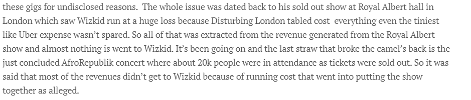 PS: An advance is a not always just “prepayment of royalties”. Relatively, it could also encompass costs like recording, visuals, marketing/promo, or even transportation [re: Wizkid and Disturbing London…anyone?]