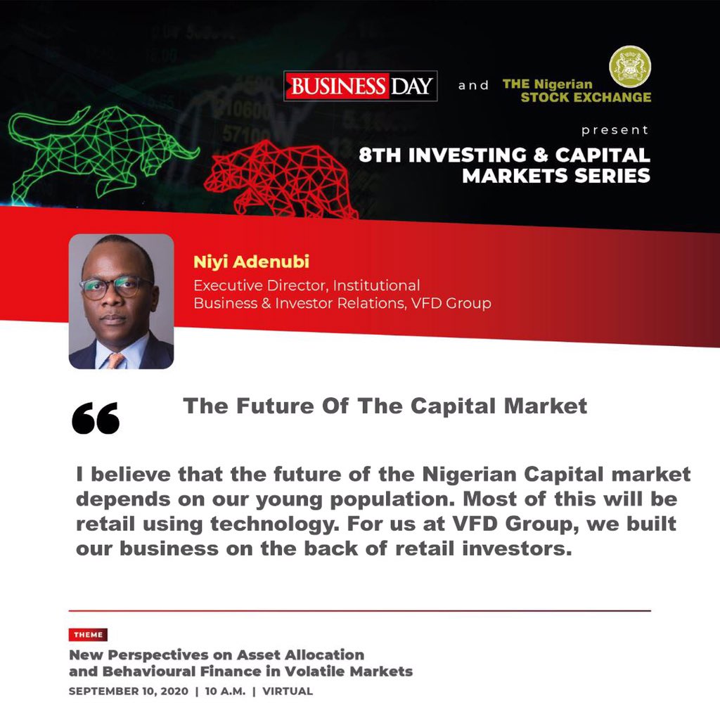 BusinessDayNg's tweet photo. Niyi Adenubi, Executive Director, Institutional Business &amp; Investor Relations, @VFDGroup speaking at the 8th Investing &amp; Capital Markets Series

#BDDigitalDialogues https://t.co/5Cpjpiajvc