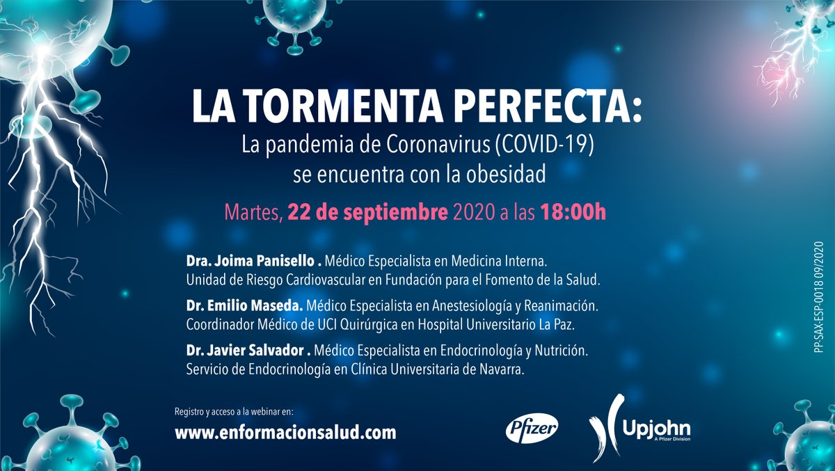 pfizer_spain's tweet photo. ¿Qué sucede cuando la pandemia #COVID19 se encuentra con la obesidad? 🦠⚡

Lo analizamos en esta webinar que hemos organizado para mañana y a la que invitamos a participar a profesionales sanitarios #PfizerPro

🗓️ 22 sept
🕕 18:00h
✍🏻 https://t.co/gXiu9uc1SU https://t.co/qN5kwaCMuj