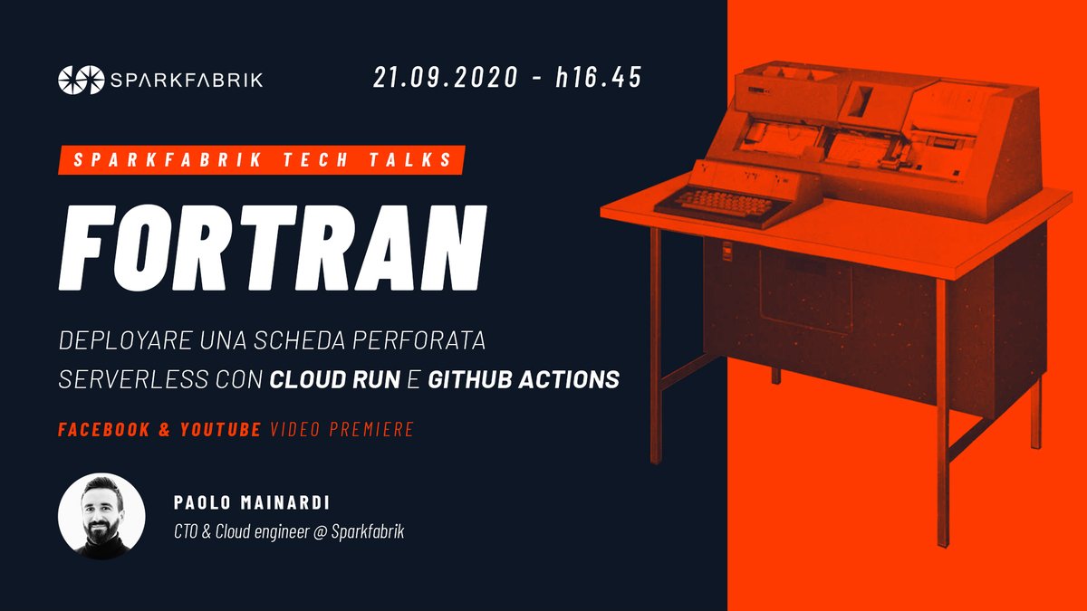 Ci vediamo oggi alle 16:45 per il nostro primo tech talk pubblico: <a href="/paolomainardi/">Paolo Mainardi</a> ci parlerà di #Fortran, Schede perforate e #Serverless. 
Disclaimer: Video altamente sconsigliato ai nostalgici.

hubs.ly/H0wB6cg0