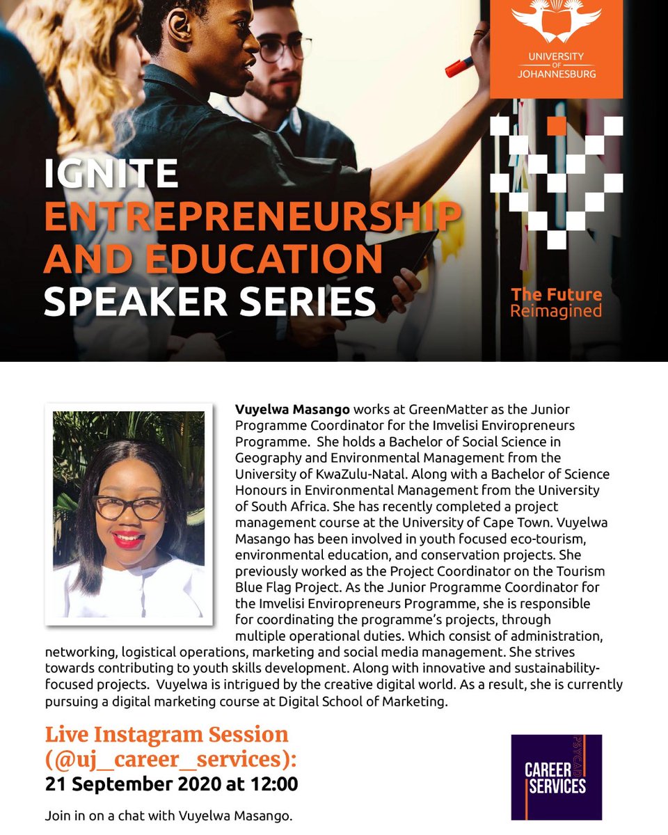 UJCareerService's tweet photo. We have two exciting IG sessions coming up today :) Don't forget to catch them at 12pm (Ignite entrepreneurship and education speaker series) and 2pm (All about Find A Funder ).
#LetsStayConnected
#IGSessions
#YourFutureCareer
#UJCareerServices
#YourCareerReimagined https://t.co/7VY9GCle52