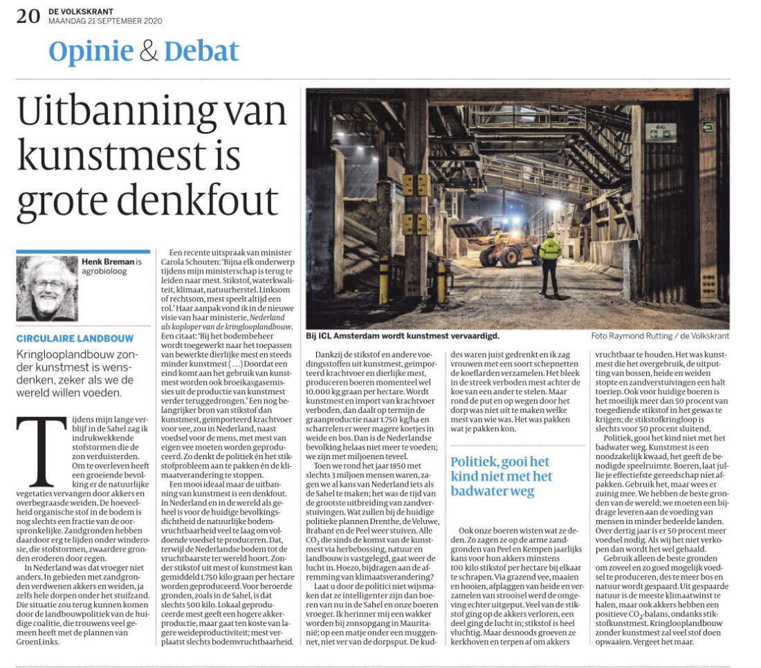 Helder artikel Breman (<a href="/groenlinks/">GroenLinks</a>) in de ⁦<a href="/volkskrant/">de Volkskrant</a>⁩ over belang kunstmest. “Gebruik beste gronden om zo veel en zo goed mogelijk voedsel te produceren, des te meer bos en natuur wordt gespaard”. Precies wat NL-sector doet en waar kringlooplandbouw in tekort schiet!⁦