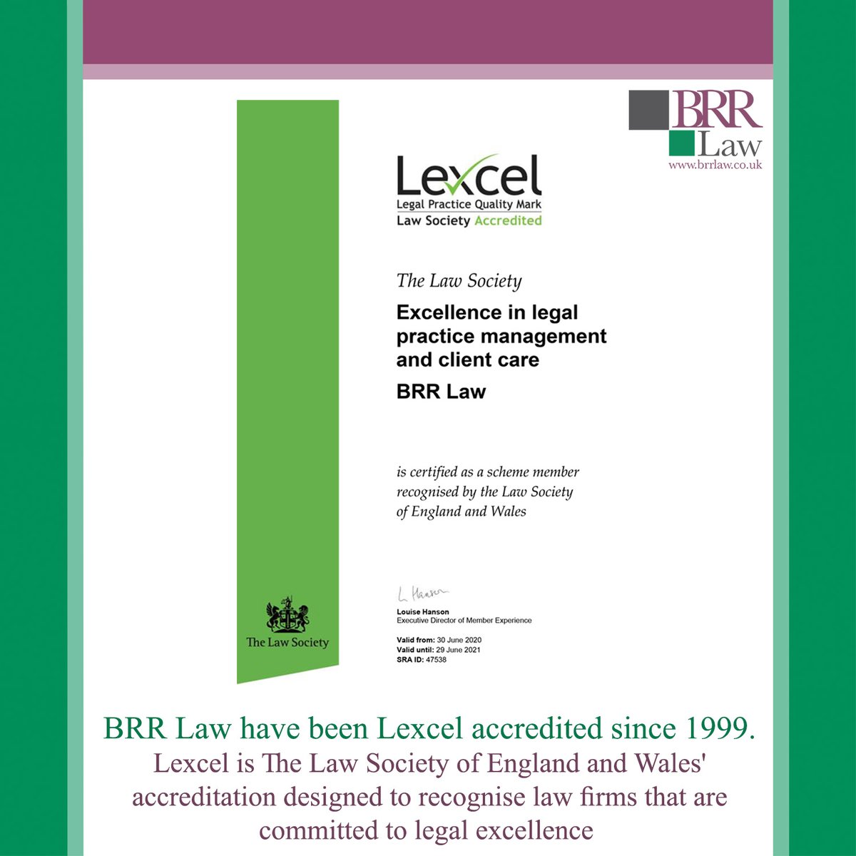 BRR_Law's tweet photo. We have just received our certificate through for our Lexcel Accreditation.

The Lexcel practice management standard is only awarded to solicitors who meet the highest management and customer care standards. 

https://t.co/virXY17ynP

https://t.co/QKI6h7UUfs https://t.co/Zylw7ZiWSl
