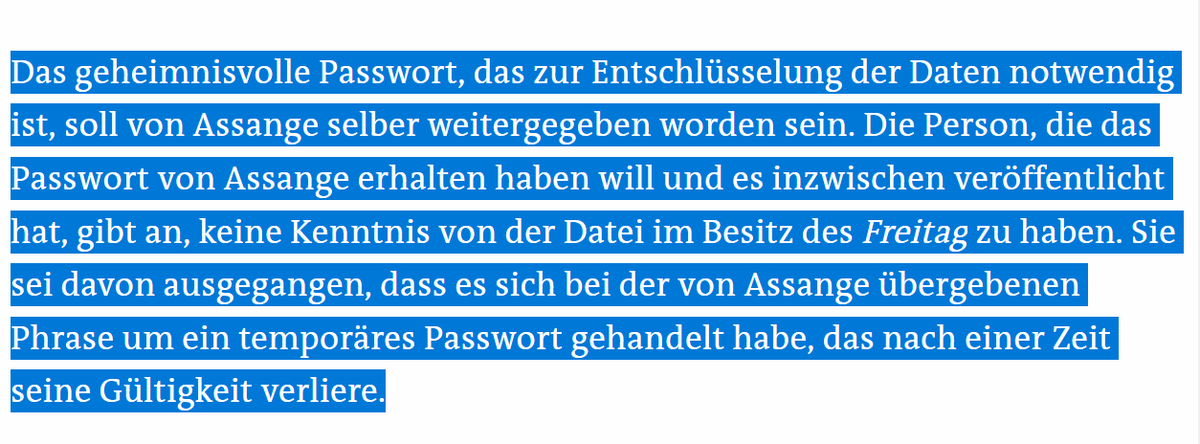 Grothoff refers to an article in Der Freitag, which first told of an "outdated password" published in David Leigh's book. People put two and two together, went looking for it and unlocked the cables. There was nothing  #Assange could do at this point. https://www.freitag.de/autoren/steffen-kraft/leck-bei-wikileaks
