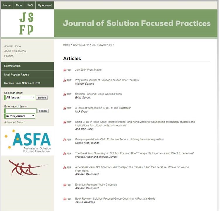 Vol 1 No 1 from the original Journal of Solution Focused Brief Therapy has now been uploaded to the Journal of Solution Focused Practices UNLV Website. You can access it for free here: digitalscholarship.unlv.edu/journalsfp/vol…
