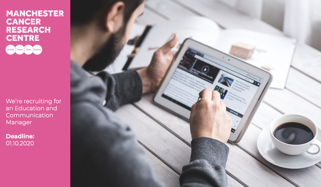 MCRCnews's tweet photo. 🚨We're recruiting! 🚨

We're looking for a talented individual with an interest in #scicomm to join us in a new Education and Communication Manager role to help communicate activities from @imaging_cancer.

Deadline: 01.10.2020

Find out more here: https://t.co/NcIetHsnV8 https://t.co/TgxdPszKpy