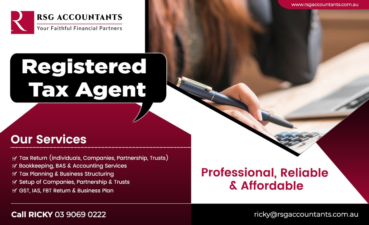 RsgAccountants's tweet photo. 𝑹𝒆𝒈𝒊𝒔𝒕𝒆𝒓𝒆𝒅 𝑻𝒂𝒙 𝑨𝒈𝒆𝒏𝒕
RSG Accountants is a Registered Tax Agent which provides Accounting, Business Consultation &amp; Taxation Services. 
Visit: https://t.co/uEART9i6T2 
#TaxAgent  #IncomeTax #TaxReturn #Accounts #Accountant #Melbourne #Accounting #Australia https://t.co/X5qGz5Wss9