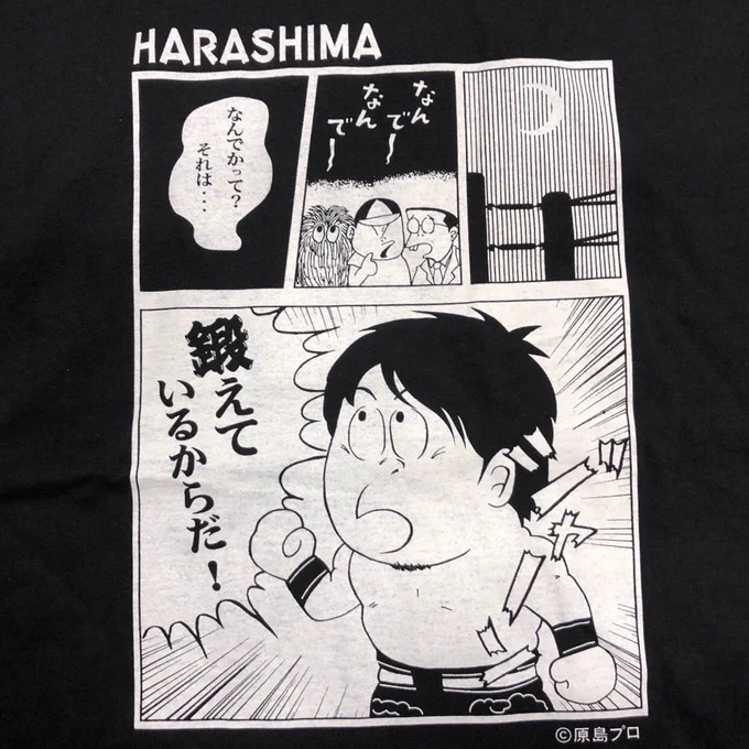 WATASHIMAさんのTシャツ、マジでHARASHIMAさんの昔のグッズじゃん。芸が細かい(画像は復刻版の黒バージョン) #ひらがなまっする 