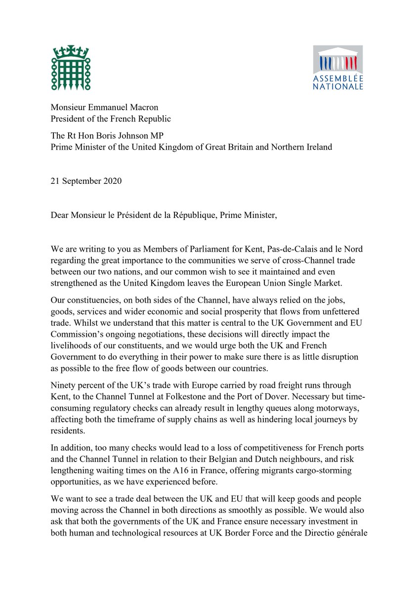 DamianCollins's tweet photo. Today, along with my fellow Kent MPs and our French counterparts from Pas-de-Calais and le Nord, we've written to @BorisJohnson @10DowningStreet and @EmmanuelMacron @Elysee to reaffirm our commitment to cross-Channel trade as the UK leaves the EU Single Market 🇬🇧 🇫🇷 https://t.co/J4SGzTVIe1