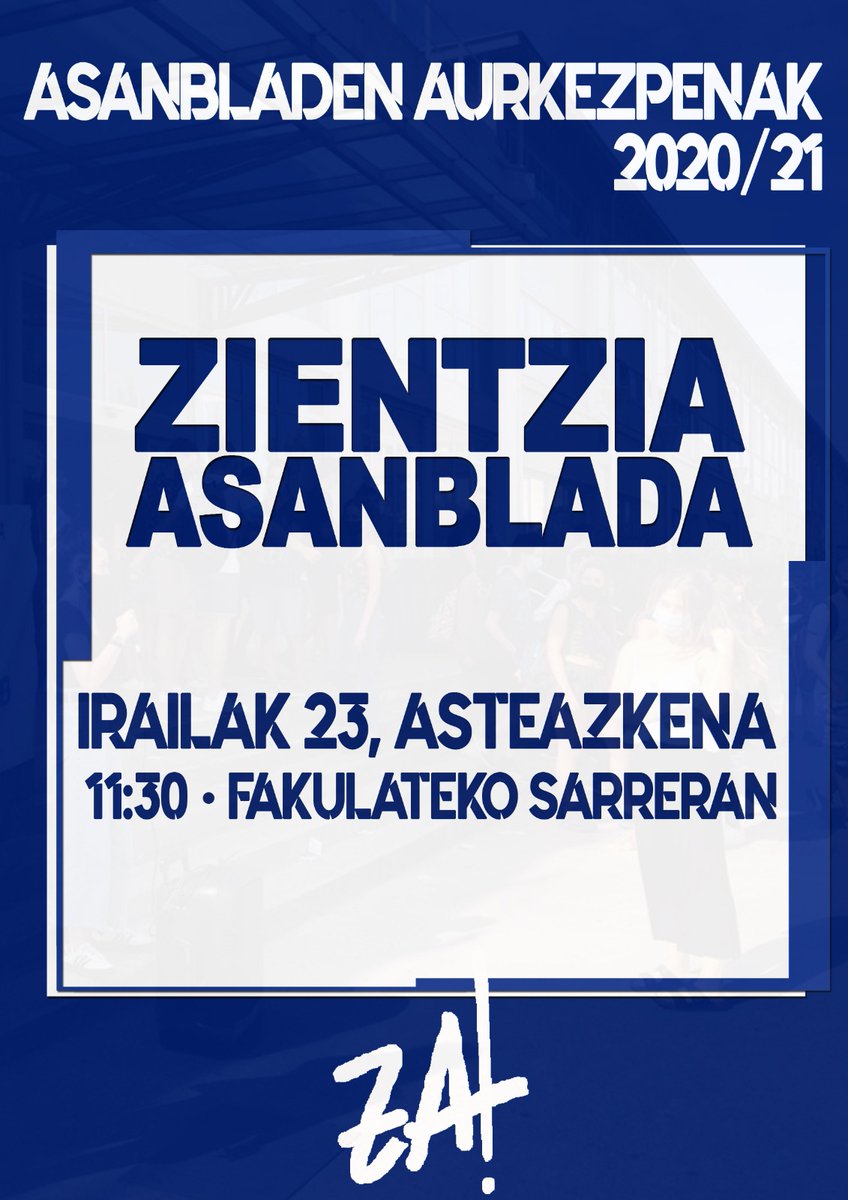 Adi ikasle! Kurtso berri honetan ere Zientzia Asanblada indartsu dator kurtso berriari astindu gogor bat emateko asmoz.

Argi daukagu unibertsitateko ikas baldintzak hobetzerako bidean gogoz lan egin behar dugula eta horretarako zure laguntza behar dugu. 

Batu borrokara!💪💥