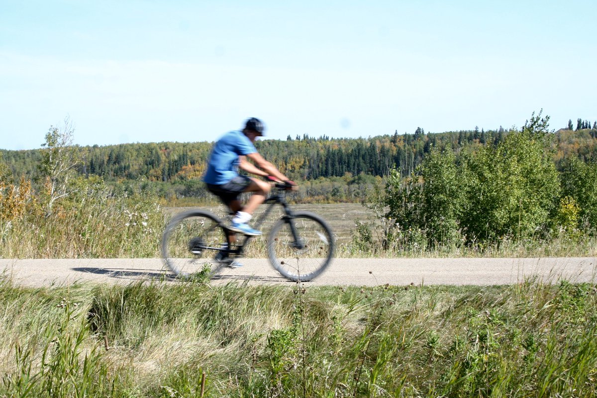 EricGormley1's tweet photo. Cyclist passes river valley Parkland that Epcor wants rezoned to Industrial, for 51 acre, fenced solar farm. City of Edmonton scientists say land is key wildlife habitat and bio-diversity corridor. 

write: council@edmonton.ca  #Oct6  #yegheritage https://t.co/7cirOTzRX6
