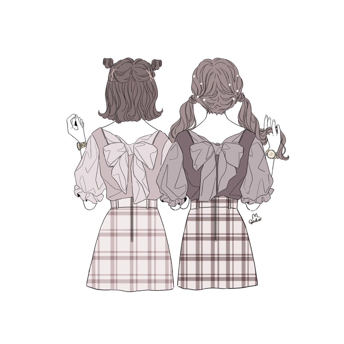multiple girls 2girls skirt twintails plaid wristwatch watch  illustration images