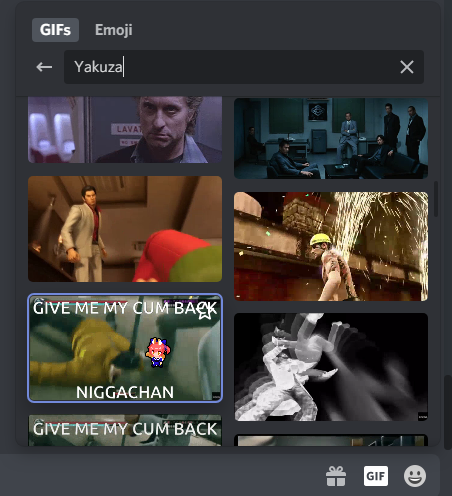it all started when a friend of mine was looking for gifs of the video game franchise "Yakuza".while scrolling through the numerous gif options, one peculiar set of gifs were present. seemingly speaking of an "N word-chan" character.
