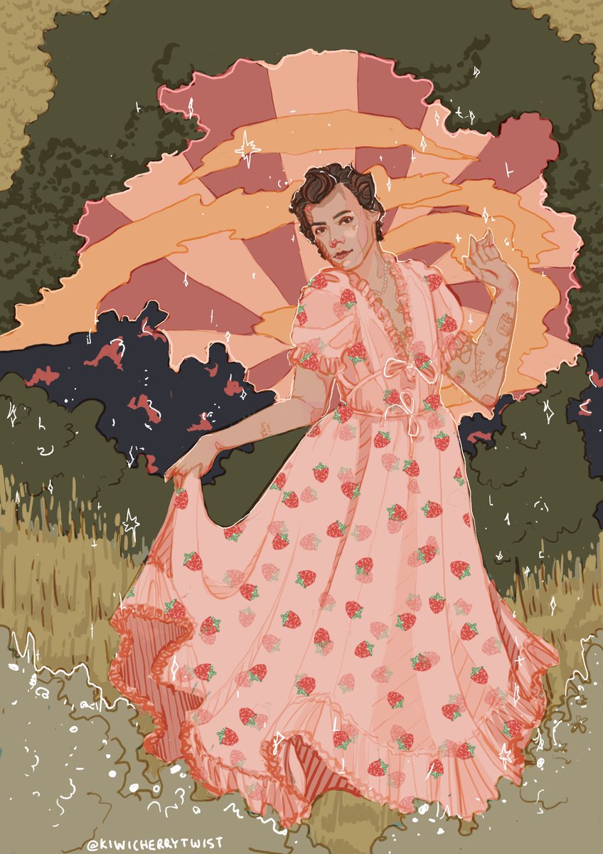 KiwiCherryTwist's tweet photo. i entirely gave up on this halfway through but harry in strawberry dress is the prettiest princess ✨🍓💗 https://t.co/13enOAaRr3