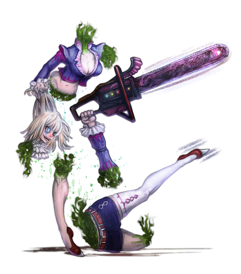 #モンスターイラスト
SVのキラージョーカーできました。
体を自在にバラバラにできるチェーンソー猟奇系ガール?
自分の体は切っても平気です。
チェーンソーやナイフ仕込みの蹴りなどで戦います。 