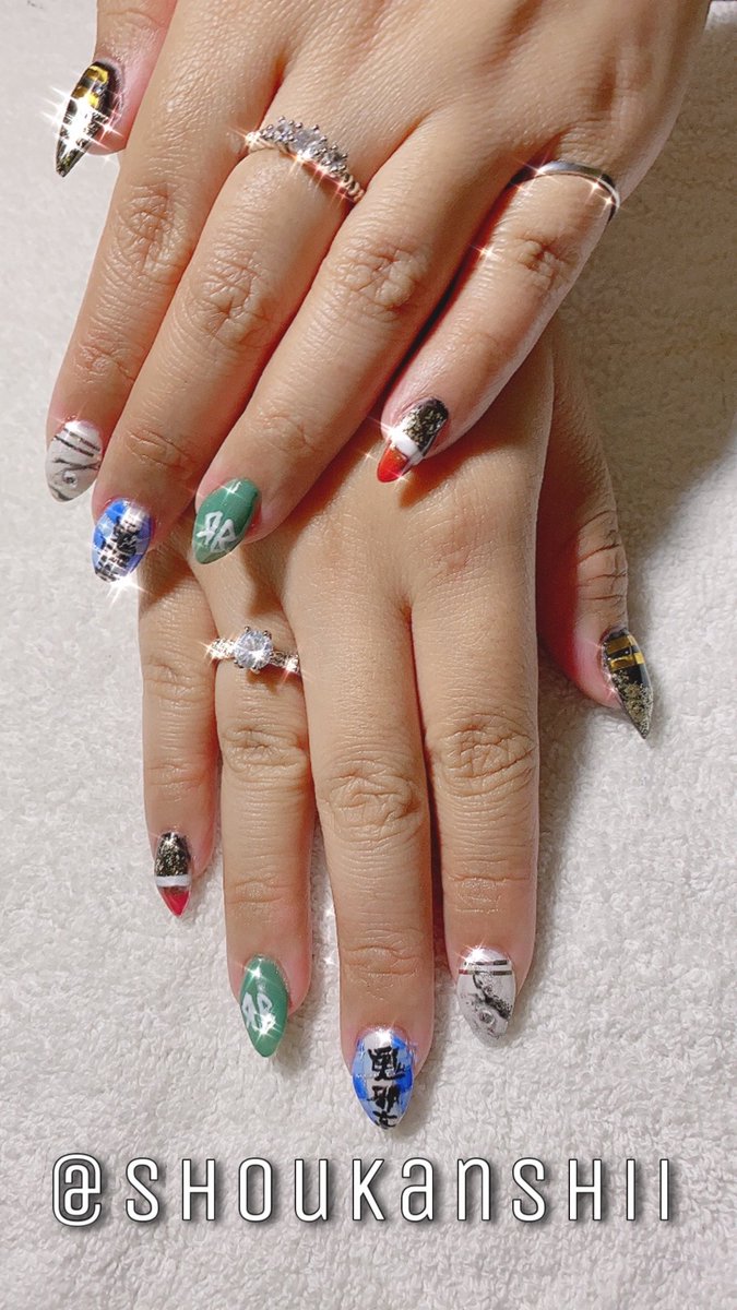 Shoukanshii's tweet photo. in celebration of @HiGH_LOW_PR now on #netflix!! got my nails done by @MiyakoKobayashi , design by me. inspired the series! representing SWORD on each nail~
#HiGH_LOW
#gsword
#ハイアンドロー
#ハイロー
#EXILETRIBE
#山王連合会
#WhiteRascals
#鬼邪高校
#RUDEBOYS
#達磨一家 https://t.co/7L4RCLq5Xp