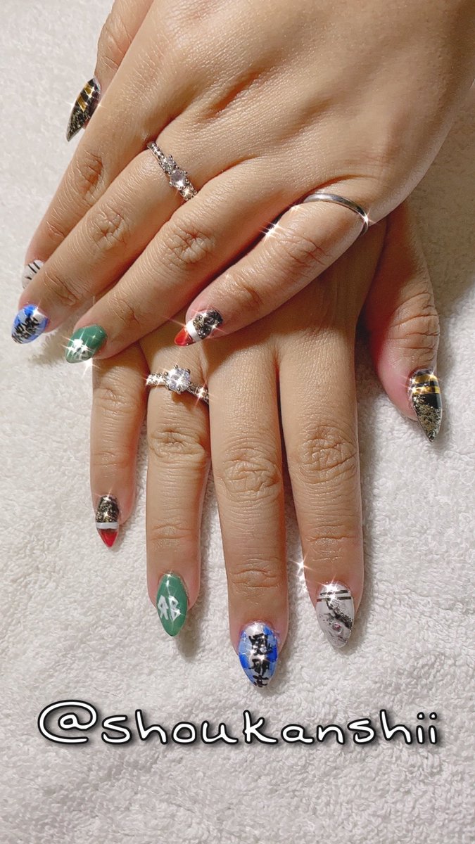 Shoukanshii's tweet photo. in celebration of @HiGH_LOW_PR now on #netflix!! got my nails done by @MiyakoKobayashi , design by me. inspired the series! representing SWORD on each nail~
#HiGH_LOW
#gsword
#ハイアンドロー
#ハイロー
#EXILETRIBE
#山王連合会
#WhiteRascals
#鬼邪高校
#RUDEBOYS
#達磨一家 https://t.co/7L4RCLq5Xp