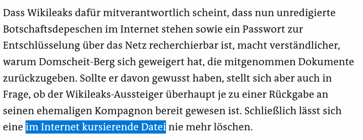 Earlier the prosecution was saying the article talks about data being "circulated on the internet" and no mention of a mirror. Grothoff replies that it's essentially the same thing and "circulating" in this case likely means  @wikileaks mirrors.  #Assange  https://www.freitag.de/autoren/steffen-kraft/leck-bei-wikileaks