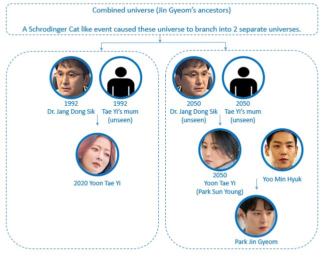 Assuming 2020 Tae Yi and 2050 Tae Yi's family tree used to originate from the same ancestors (assuming grandparents) in the same universe, some Schrodinger's Cat event may have happened, causing a branch into 2 separate parallel universes.