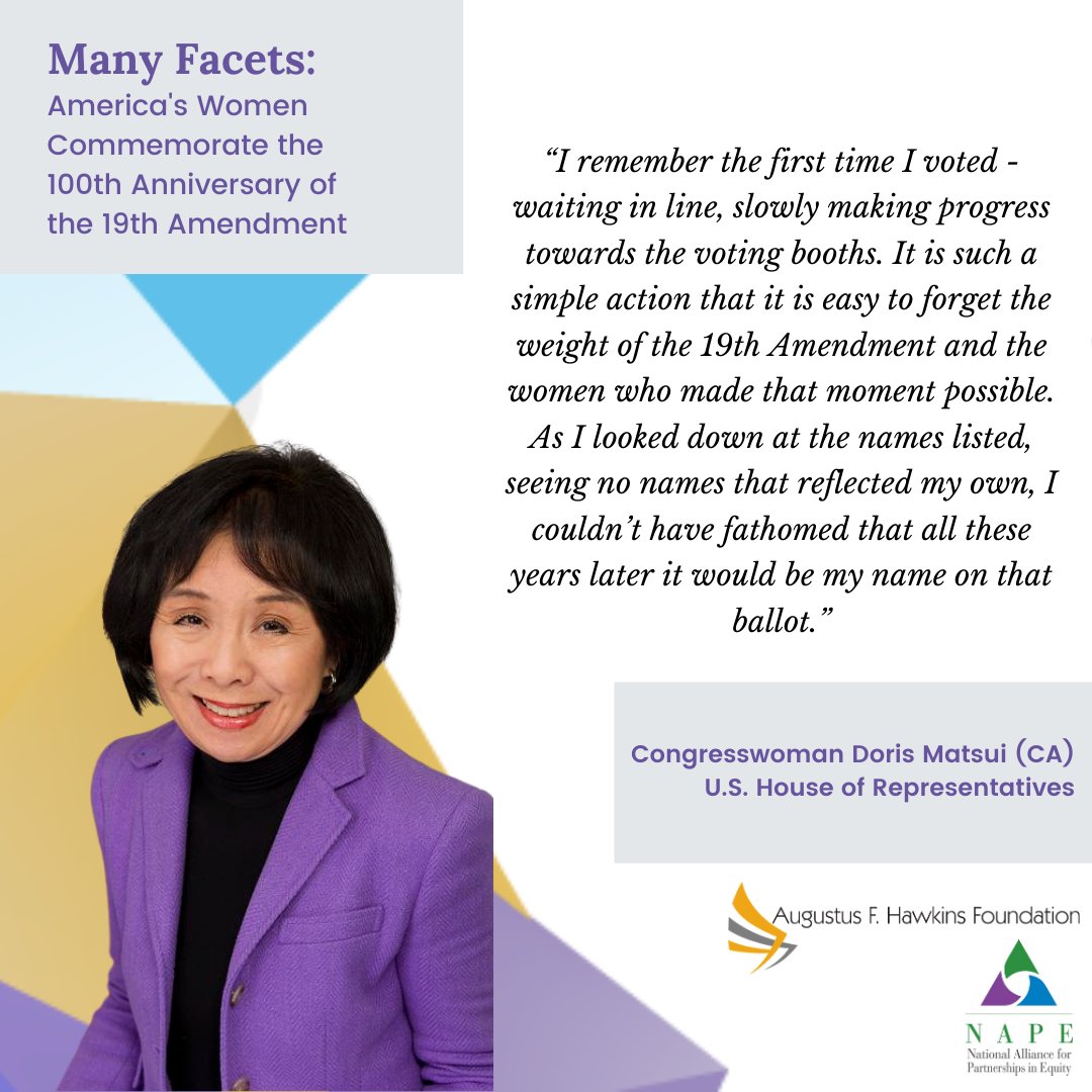 NAPEquity's tweet photo. When #WomenLead real change happens! I’m excited to be among the #ManyFacets giving voice to & celebrating the diversity of women voters as we share personal reflections on the 100th Anniversary of the 19th Amendment giving women the right to vote. https://t.co/KSd8VfxYbz https://t.co/yYZCM3meTf